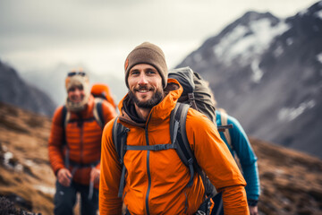 Mountain guide leading a group of hikers - obrazy, fototapety, plakaty