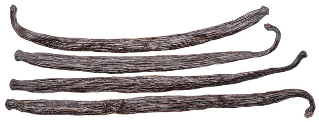 Dry vanilla fruit beans or vanilla sticks on white background. File contains clipping path.