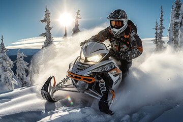 a guy rides a Snowmobile against the background of a winter forest, leaving a trail of splashes of white snow. a bright snowmobile and a suit without brands. Extreme sports. Banner - Powered by Adobe