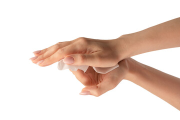 Wet wipe in a woman hand isolated on a white background.