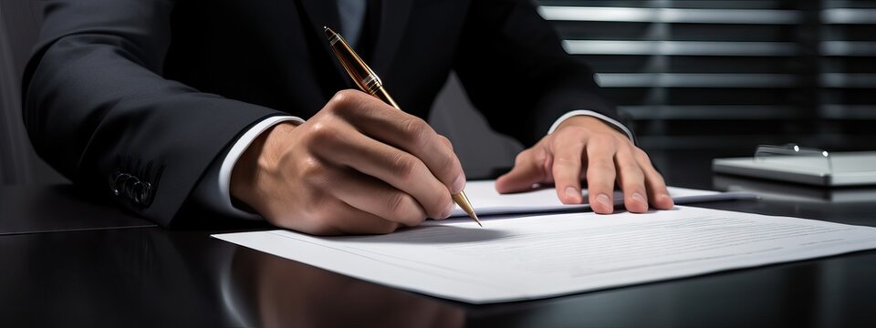 Businessman signs a contract. Holding pen in hand. AI generated image