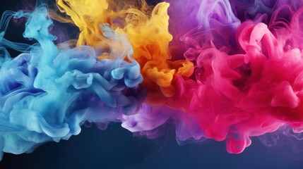 Fototapeta na wymiar Colorful smoke background. Plumes of multi-colored smoke on a blue-violet background. Cloud of colored ink or paint underwater. Abstract backdrop for banner, poster, card, brochure.
