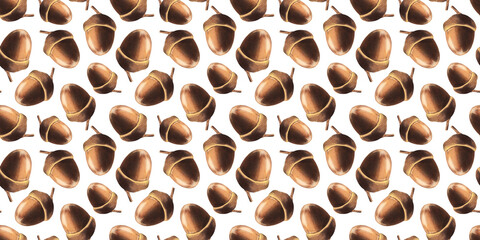 Seamless background of acorns. Watercolor illustration of nuts. Oak fruits. Forest, nature, thanksgiving concept