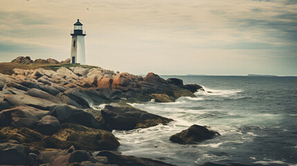 Fototapeta na wymiar Charming Old Lighthouse Standing Tall by the Rocky Coastline, Enhanced with Cool and Muted Tones to Evoke a Nostalgic and Maritime Aura