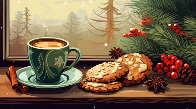  a painting of a cup of coffee next to a plate of cookies and a cinnamon stick on a table next to a window with a view of a snowy forest.