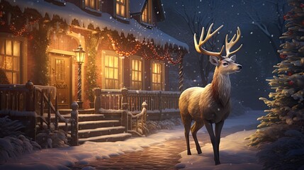  a painting of a deer standing in front of a house with a christmas tree in front of it and a house with a lit up christmas tree in the background.