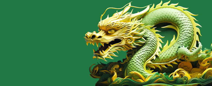 A green dragon, a symbol of the Chinese New Year, isolated on a green background. Happy holiday concept. Copy space. Banner