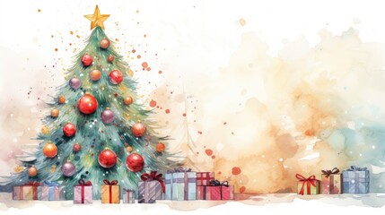  a watercolor painting of a christmas tree with presents in front of it and a star on top of one of the christmas trees is surrounded by watercolors.
