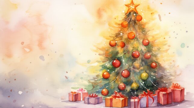  a watercolor painting of a christmas tree with presents on the bottom and a star on the top of the tree, with a watercolor background of yellow and red.
