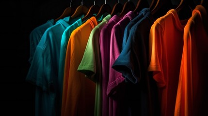 Closeup image of colourful shirts hanging on a black background.