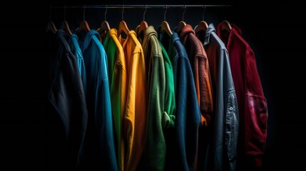 Obraz premium Closeup image of colourful sweaters hanging on a black background.