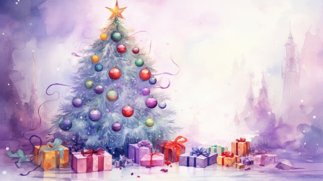  a watercolor painting of a christmas tree with presents under it and a castle in the background with a star on the top of the top of the christmas tree.