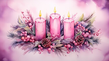 Obraz na płótnie Canvas a painting of three pink candles surrounded by holly and pine cones with pine cones, berries, and pine cones on the top of the candles are surrounded by pine cones.