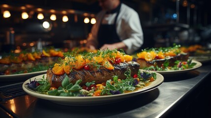 Chef preparing dinner. A chef expertly plating a gourmet dish in a high-end restaurant.