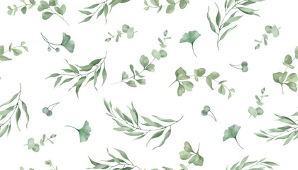 Watercolor seamless pattern with ginkgo, eucalyptus. Hand drawn floral illustration isolated on white background. Vector EPS.