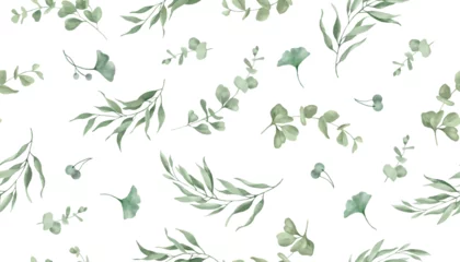 Fotobehang Watercolor seamless pattern with ginkgo, eucalyptus. Hand drawn floral illustration isolated on white background. Vector EPS. © Alla