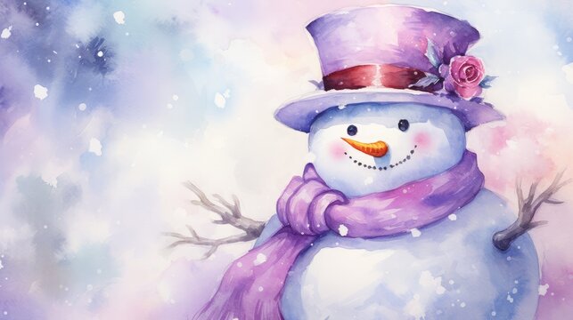  a watercolor painting of a snowman wearing a purple hat, scarf and a purple scarf around his neck and a pink rose in the center of his left hand.