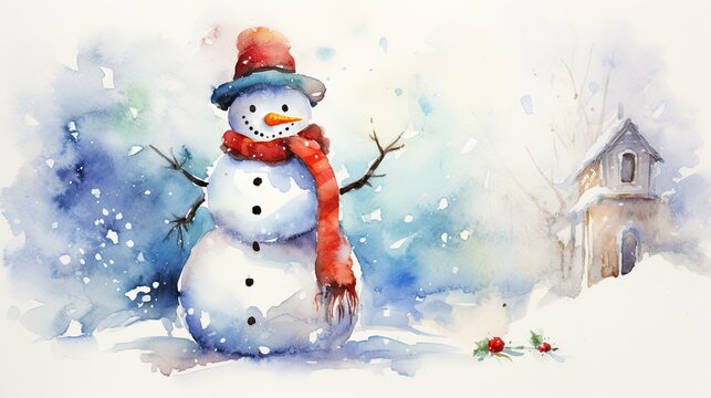  a watercolor painting of a snowman with a red scarf around it's neck and a house in the background with a red rose bush in the foreground.