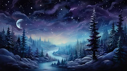 Foto op Canvas  a painting of a snowy landscape with a river and trees in the foreground and a night sky with stars and the moon in the middle of the night sky. © Shanti