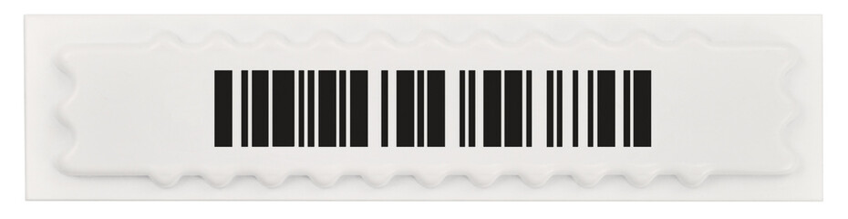 Electronic article surveillance anti shoplifting theft barcode label strip, soft retail security sticker tag, fake mock code stripes, large detailed horizontal isolated macro closeup, flat lay