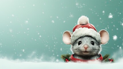 Fototapeta na wymiar a mouse wearing a santa hat with a christmas tree in front of a blue background with snowflakes and snowflakes on it, with a green background with white snowflakes and snowflakes.