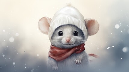  a painting of a mouse wearing a white hat and scarf with a red scarf around its neck and a red scarf around its neck, with snow falling on the ground.