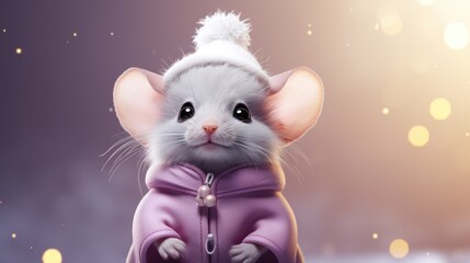  a white mouse wearing a pink jacket and a white hat on it's head, with a blurry background and boke of yellow lights in the background.