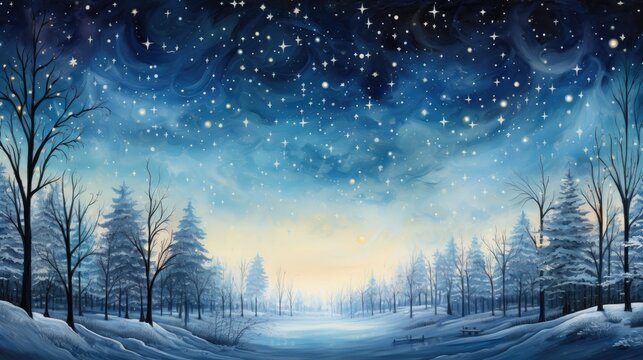  a painting of a snowy landscape with trees and a bench in the foreground and a night sky filled with stars and the moon in the middle of the sky.