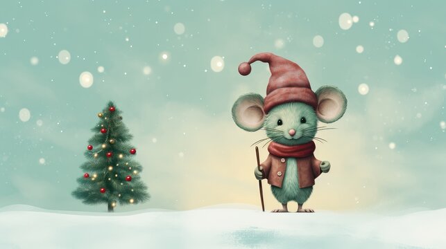  a painting of a mouse with a santa hat and a cane standing in the snow next to a christmas tree with a snowflake on it's roof.