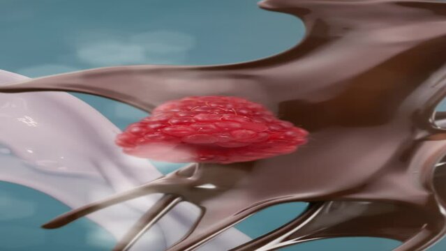 Dark chocolate raspberry and fresh milk splashing  and falling in slow motion on glittery bokeh background
