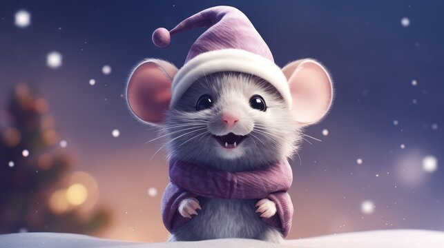  a cartoon mouse wearing a santa hat and scarf in the snow with a christmas tree in the back ground and snow falling on the ground and snow falling on the ground.