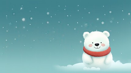  a white teddy bear with a red scarf around its neck sitting on a cloud in the middle of a blue sky with snowflakes and snowflakes in the background.