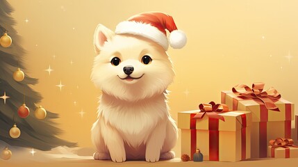  a white dog wearing a santa claus hat next to a christmas tree with presents in front of it and a christmas tree with gold baube balls on it.