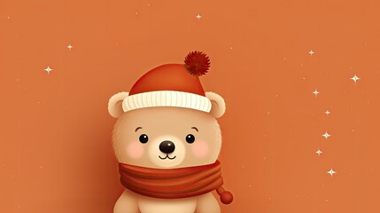  a brown teddy bear wearing a red scarf and a red hat with a pom pom on it's head and a red scarf around it's neck.