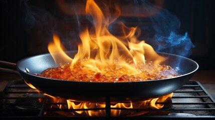 A steel frying pan on a gas stove burns with food with an open flame. The process of flambéing a dish. Concept: fire hazard