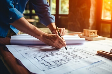 Close up of architects interior designer hands working with blueprints and documents for a home renovation for house design - obrazy, fototapety, plakaty