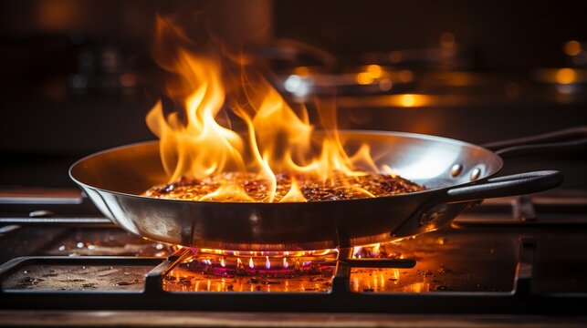 A steel frying pan on a gas stove burns with food with an open flame. The process of flambéing a dish. Concept: fire hazard