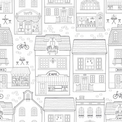Seamless pattern with European houses. Cute Dutch buildings with shops, bookstore, cafe, coffee shop. Contour monochrome vector illustration, coloring for children in a hand-drawn childish style.