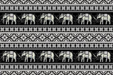 Ethnic Traditional Thai White Elephant Pixel Art Seamless Pattern.  Design for fabric, tile, carpet, embroidery, wrapping, wallpaper, and background