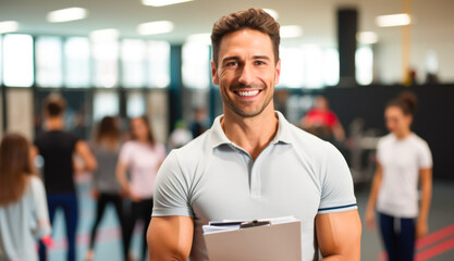 Portrait of physical education male teacher in a gym hall smiling and holding a clipboard with pupils in the background - obrazy, fototapety, plakaty