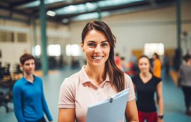 Portrait of physical education female teacher in a gym hall smiling and holding a clipboard with pupils in the background