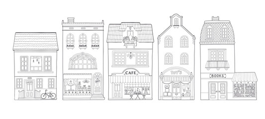 Collection of European houses. Cute Dutch buildings with shops, bookstore, cafe, coffee shop. Contour monochrome vector illustration, coloring for children in a hand-drawn childish style. - obrazy, fototapety, plakaty
