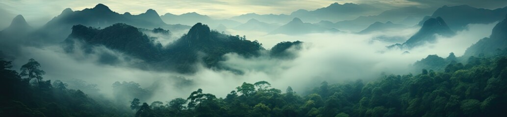 Krajobraz górski z mgłą i lasem w tle.  - obrazy, fototapety, plakaty