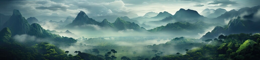 Krajobraz górski z mgłą i lasem w tle. 