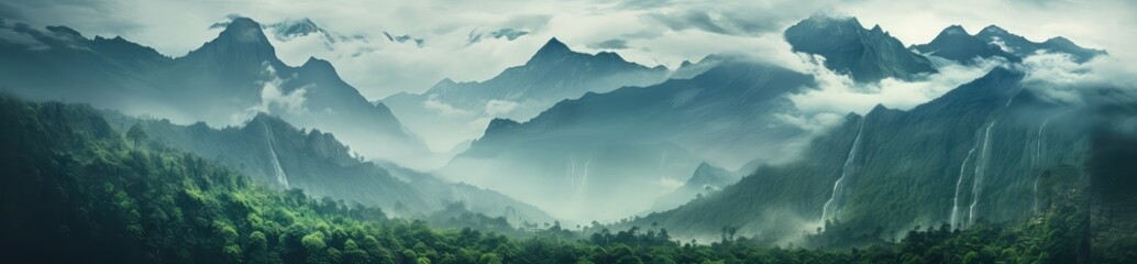 Krajobraz górski z mgłą i lasem w tle.  - obrazy, fototapety, plakaty