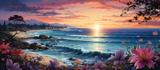 Piękne kwiaty rosnące na piaszczystej plaży o zachodzie słońca.  - obrazy, fototapety, plakaty