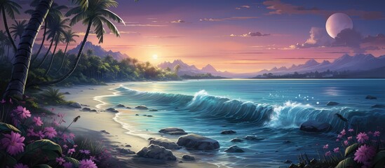 Plaża pełna piasku z palmami rosnącymi na brzegu o zachodzie słońca.  - obrazy, fototapety, plakaty
