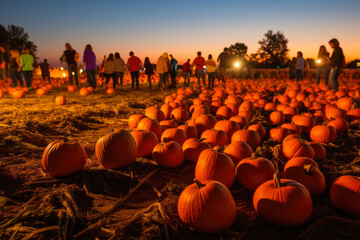 Pumpkins on a pumpkin patch farm. A autumn fall pumpkin festival with lights and people