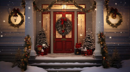 Wooden front door decorated with christmas wreaths and ornaments.