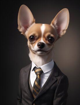 Chihuahua is dressed elegantly in a suit with a lovely tie. An anthropomorphic animal poses for a fashion photograph with a charming human attitude. Funny animals with Suit jacket and tie